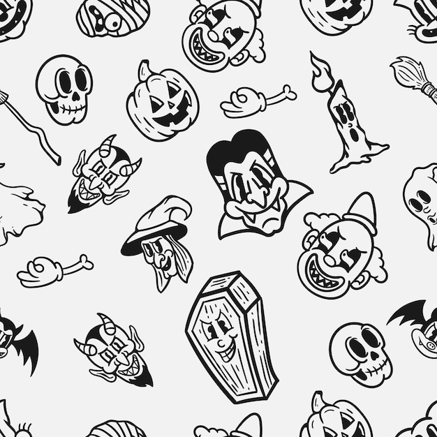 Monstruos de Halloween de dibujos animados de terror vintage estilo monocromo sin costuras