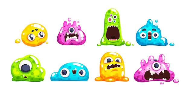 Monstruos de limo Monstruos fantásticos de mancha de gelatina Monstruos líquidos pegajosos Criaturas locas Limosas gélulas personajes de caramelo color azul púrpura brillantes Criaturas de juego Ilustración vectorial de clase