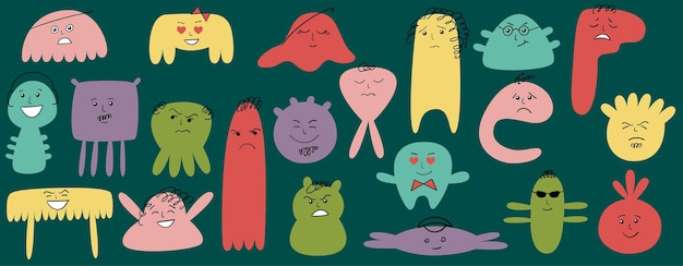 Monstruos lindos y divertidos de dibujos animados con emociones positivas y negativas