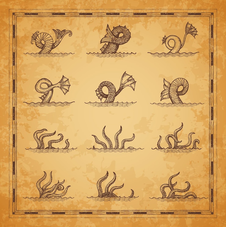 Vector monstruos marinos pulpo o calamar y criaturas oceánicas vector vintage krakens marinos monstruos marinos colas y tentáculos en olas de agua pez gigante o dragón serpiente y cthulhu náutico en pergamino grabado en madera