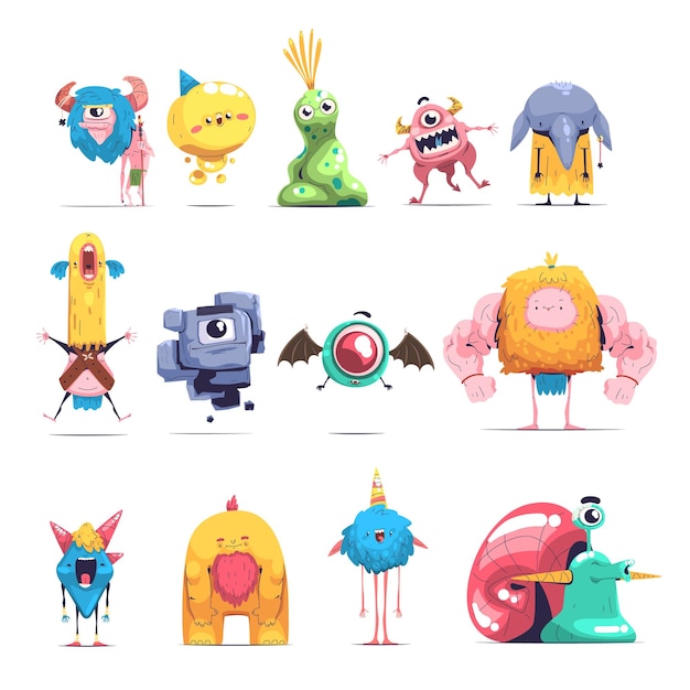 Monstruos peludos criaturas monstruosas divertidas de moda mascota de dibujos animados pequeña bestia peluda con dientes y alas alienígenas tontas criaturas feas animales pequeños personajes ilustraciones vectoriales con clase
