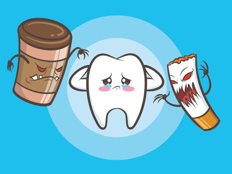 Vector los monstruos de la taza de café y los zombis de los cigarrillos están matando un lindo diente sano.