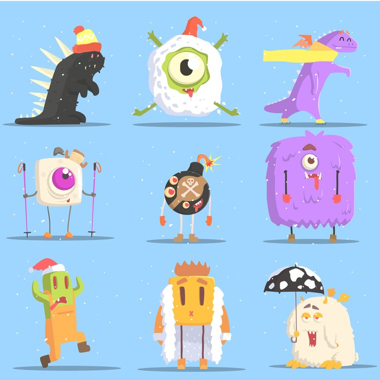 Vector monstruos vestidos de invierno en situaciones divertidas