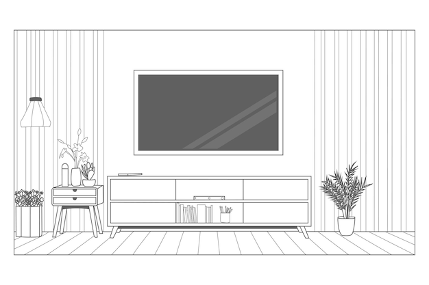Montaje en pared de TV en el gabinete dibujo lineal diseño de interiores dibujo a mano ilustración