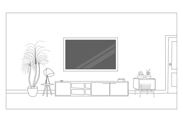 Montaje en pared de TV en el gabinete dibujo lineal diseño de interiores dibujo a mano ilustración