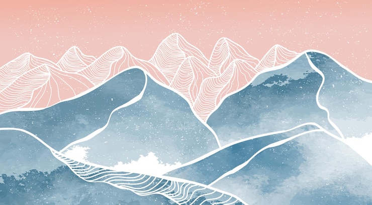 Vector montaña con arte lineal. creativas ilustraciones minimalistas pintadas a mano de mediados de siglo moderno. fondo de paisaje abstracto natural
