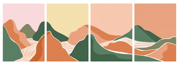 Montaña, bosque, colina, ola, sol y luna en un gran escenario. Impresión de arte minimalista moderno de mediados de siglo. Paisaje estético contemporáneo abstracto.