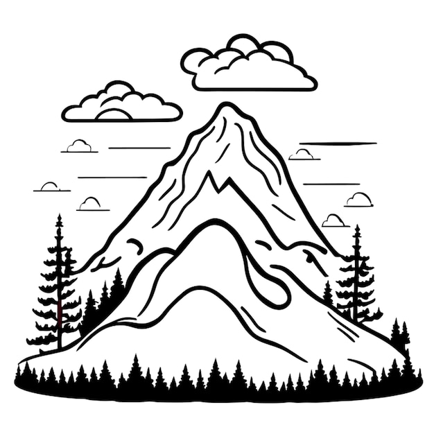 Vector montaña con bosque y nube ilustración vectorial arte lineal