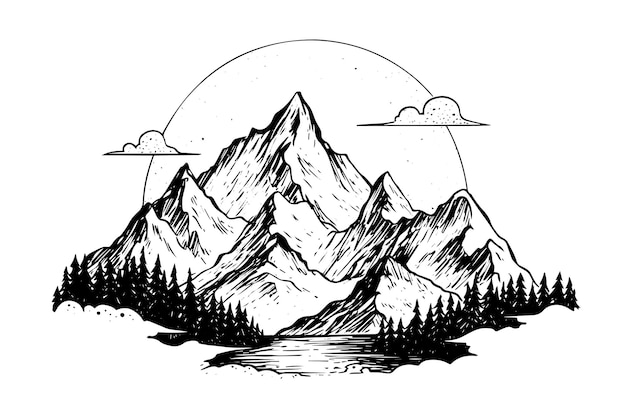 Vector montaña de bosquejo de tinta dibujada a mano con paisaje de pinos ilustración de vector de logotipo de estilo grabado