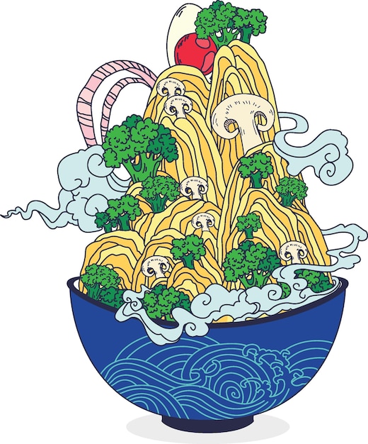 Montaña caliente de fideos con huevo cebolla y brócoli amarillo y blackeps