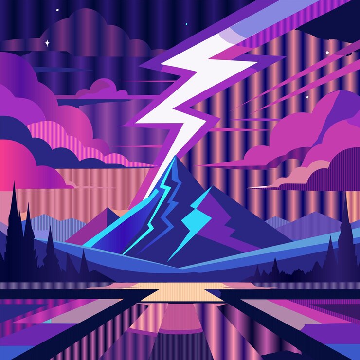 Vector una montaña colorida con un arco iris en el fondo