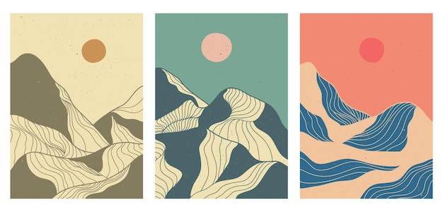Montaña en estilo vintage Impresión de arte minimalista moderno de mediados de siglo en el set Fondos estéticos contemporáneos abstractos paisajes ilustraciones vectoriales