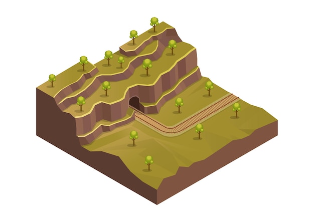 Montaña con ferrocarril y árboles.