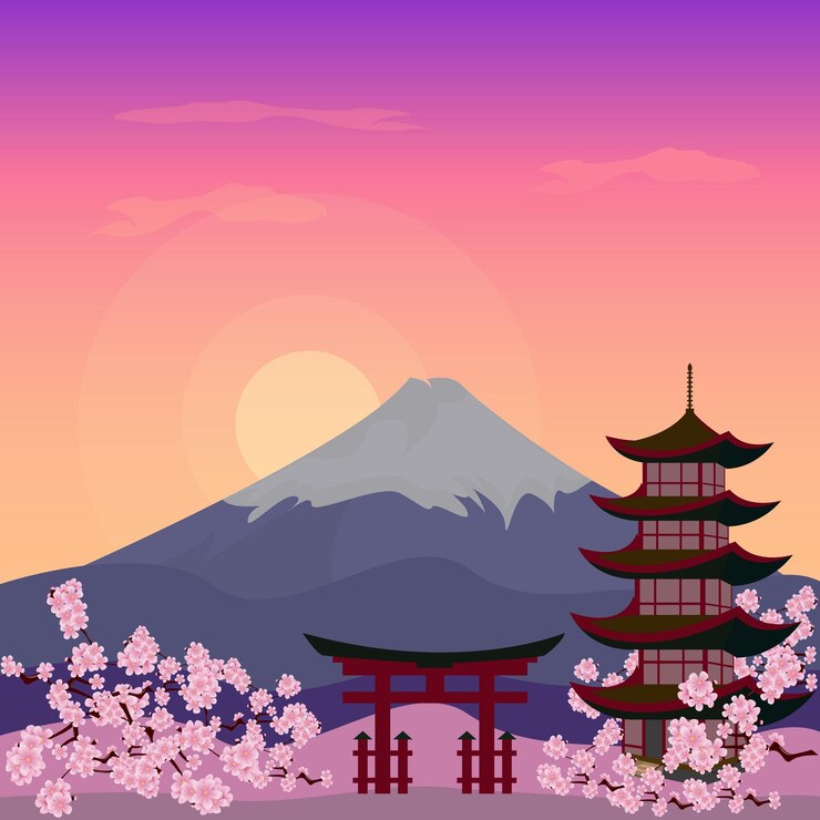 Vector montaña fuji japón sakura vista paisaje viaje lugar ilustración vector
