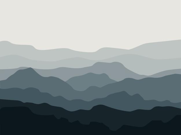 Montaña Infinita. Ilustración de vector de hermoso paisaje de montaña azul oscuro con niebla y bosque