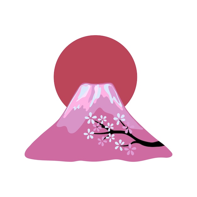 Montaña japonesa Fujiyama con árbol de sakura y gran sol en estilo vectorial dibujado a mano