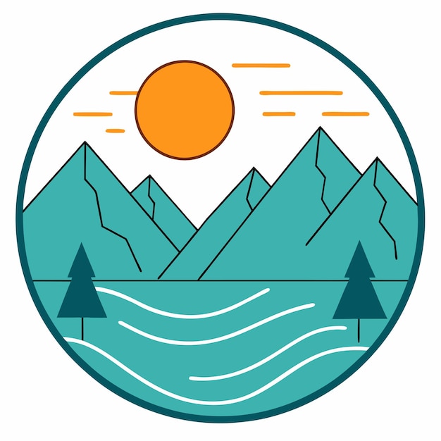 La montaña del lago del sol en el círculo arte de línea diseño de logotipo arte vectorial e ilustración