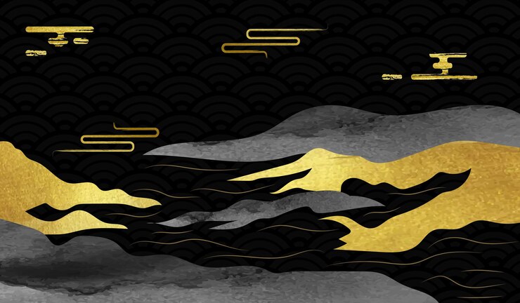 montaña y línea dorada artes de fondo vector oriental diseño de fondo de paisaje de lujo con wa