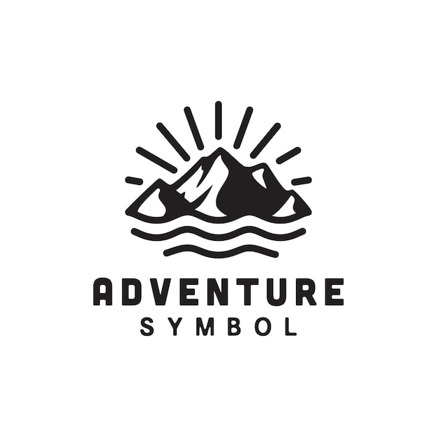 Montaña, mar, ola oceánica y sol para el diseño del logotipo Vintage Adventure Outdoor Travelling