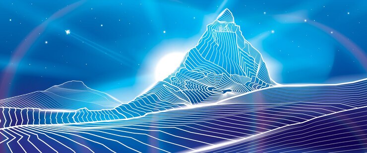 Vector montaña matterhorn. imagen de iluminación de brillo de neón. picos de nieve. paisaje nocturno. contornos blancos
