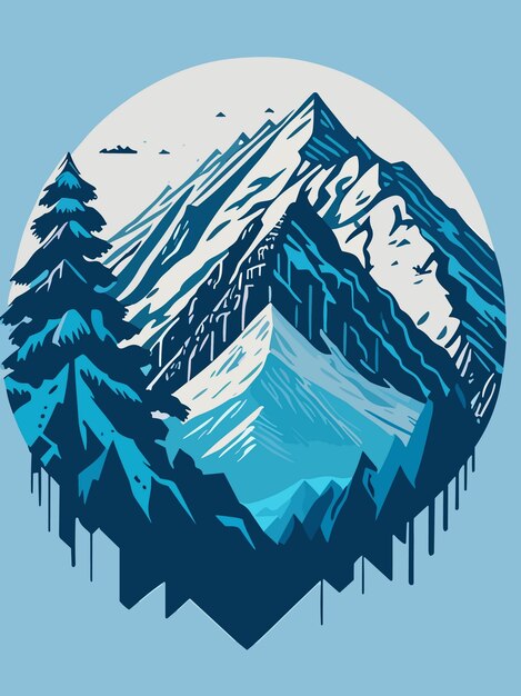 Una montaña nevada de vector en diseño de ilustración de arte de retrato de invierno