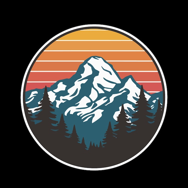Montaña con pinos y diseño vectorial de puesta de sol