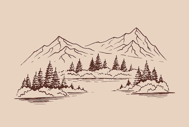 Montaña con pinos y paisaje de lago Ilustración dibujada a mano convertida en vector