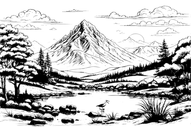 Montaña con pinos y paisaje de lago Picos rocosos dibujados a mano en estilo boceto