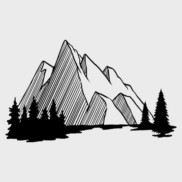 Montaña con pinos y paisaje negro sobre fondo blanco.