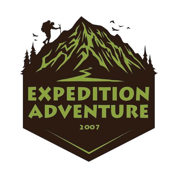 Montaña Senderismo Escalada Aventura Logotipo Emblemas e insignias Camping en bosque Vector Ilustración