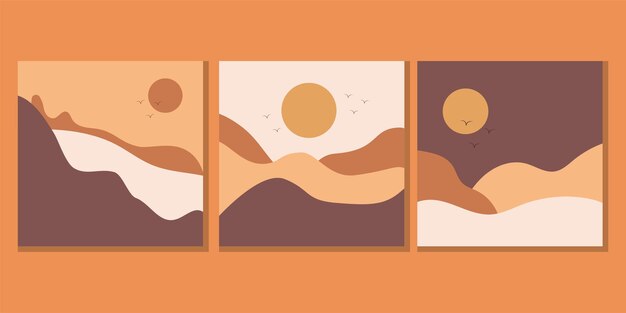 Montaña sol y pájaros pared arte vector conjunto tonos tierra paisajes fondo