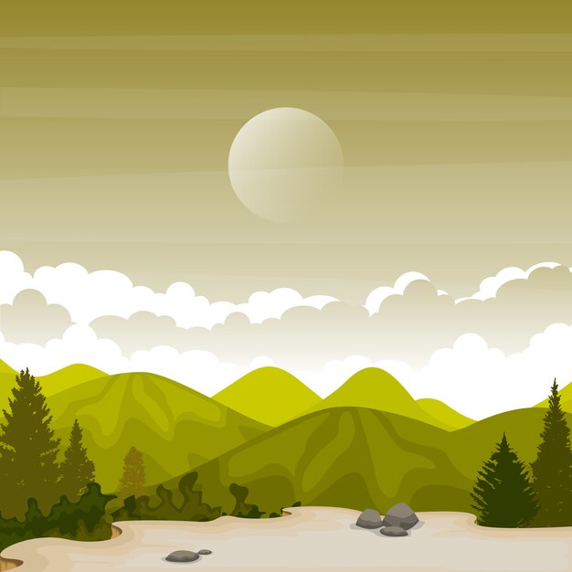 Montaña Valle Cliff Tree naturaleza paisaje Vector Illustration