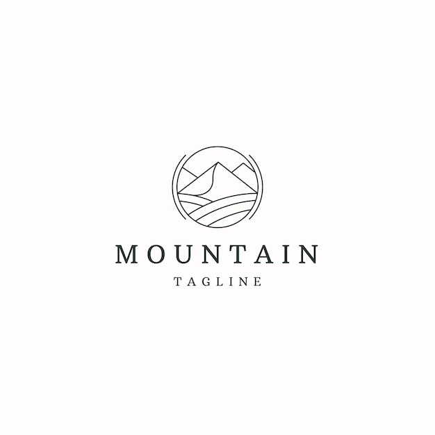 Montaña con vector plano de plantilla de diseño de icono de logotipo de estilo de línea