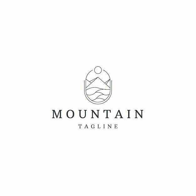Montaña con vector plano de plantilla de diseño de icono de logotipo de estilo de línea