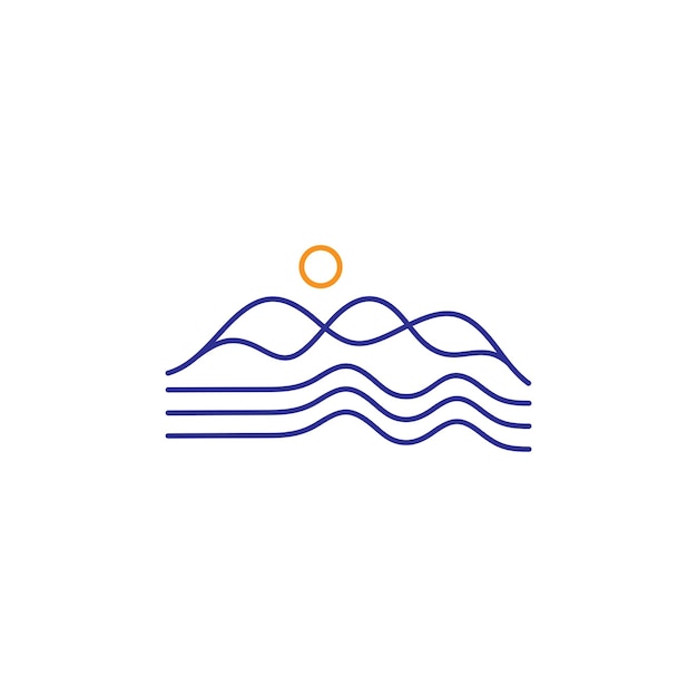 Vector montañas abstractas y olas con luz solar diseño de arte de líneas simples logotipo