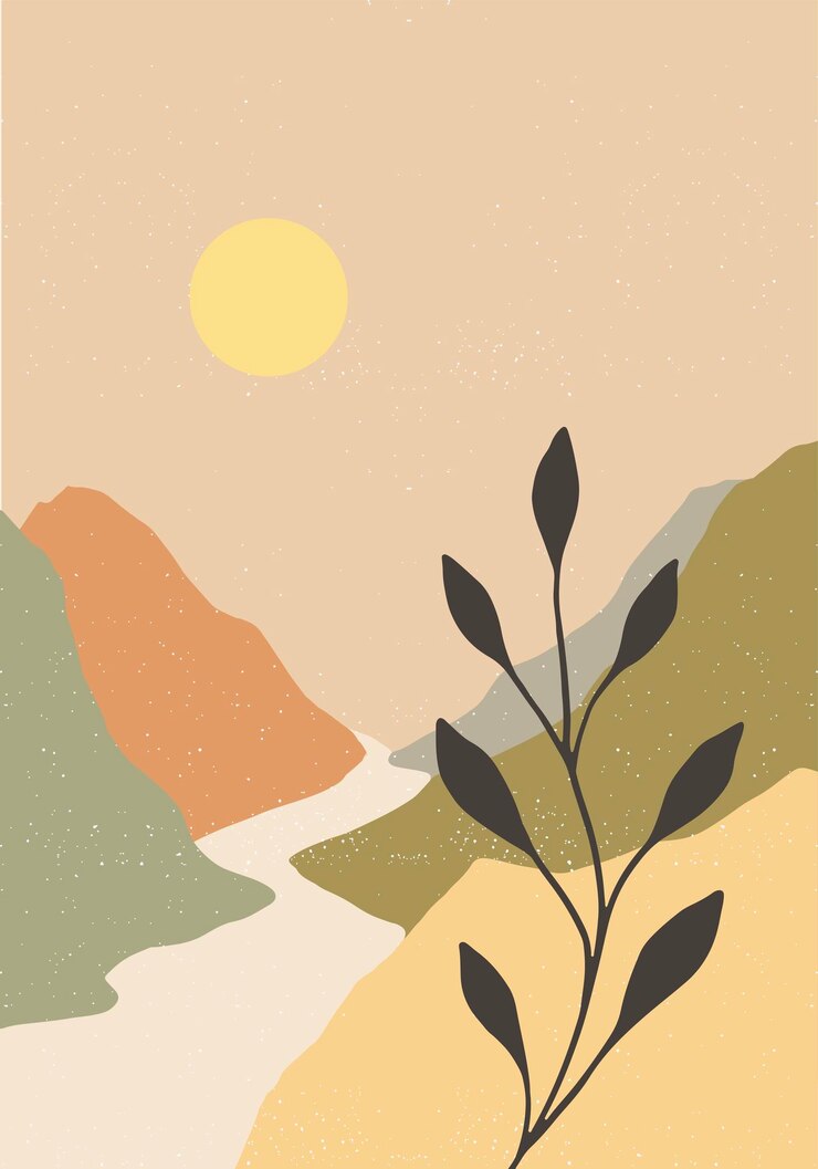 Vector montañas, arena, desierto, sol, clima cálido, cartel, ilustración plana con carretera de montaña y silueta de hoja de planta, paisaje, horizonte, naturaleza ecológica.