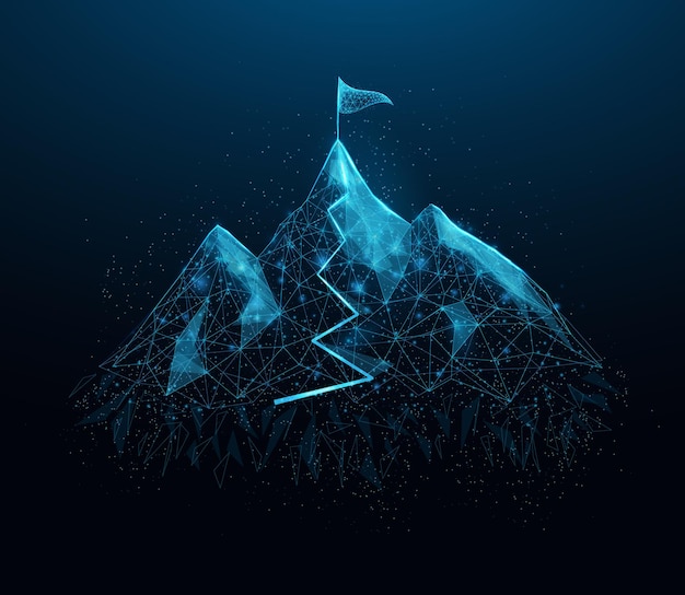 Montañas con bandera en la cima Ruta de la montaña Éxito negocio inicio innovación crecimiento viaje libertad concepto Ilustración de vector de estructura alámbrica poligonal