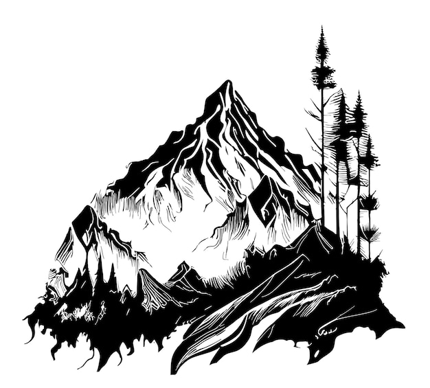 Montañas bosque dibujado a mano dibujo vector ilustración hermosa naturaleza