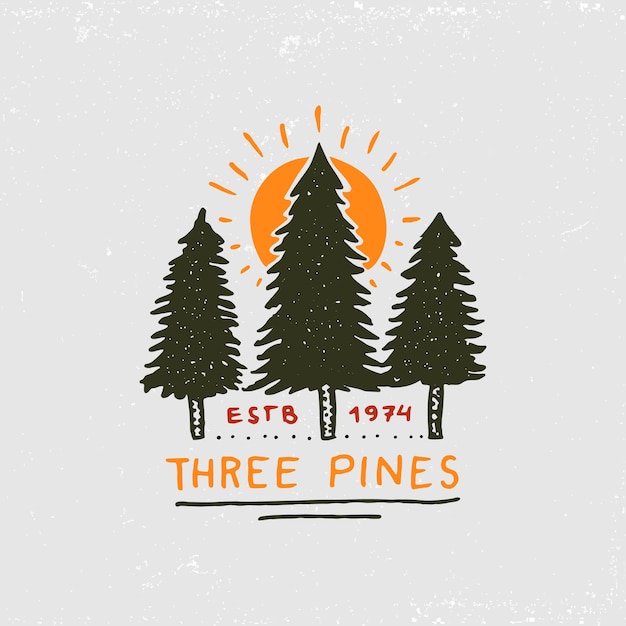 Montañas de bosques de coníferas y logo de madera para acampar y paisajes de naturaleza salvaje con pinos y colinas emblema o carpa de insignia viajes turísticos para etiquetas grabadas a mano dibujadas en un viejo boceto vintage