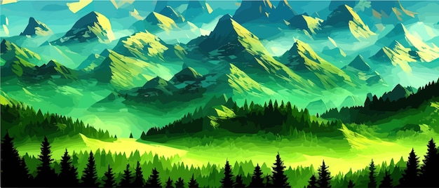 Montañas brumosas con bosque de coníferas ilustración vectorial de panorama rocoso ahumado con montaña