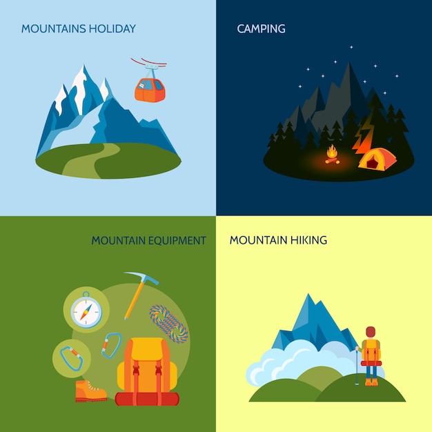 Montañas camping ilustraciones plana conjunto con equipo de vacaciones senderismo