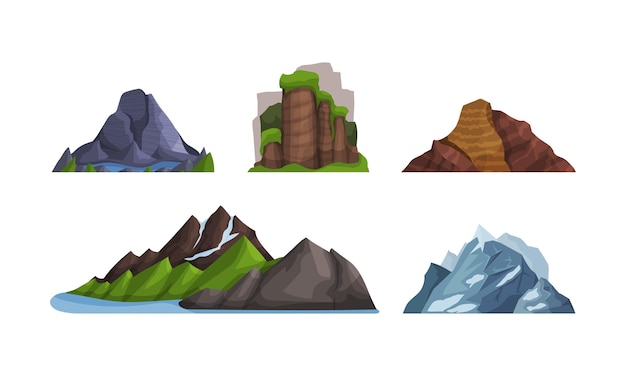 Montañas y colinas de varias formas y colores con nieve o vegetación en la parte superior Ilustración vectorial