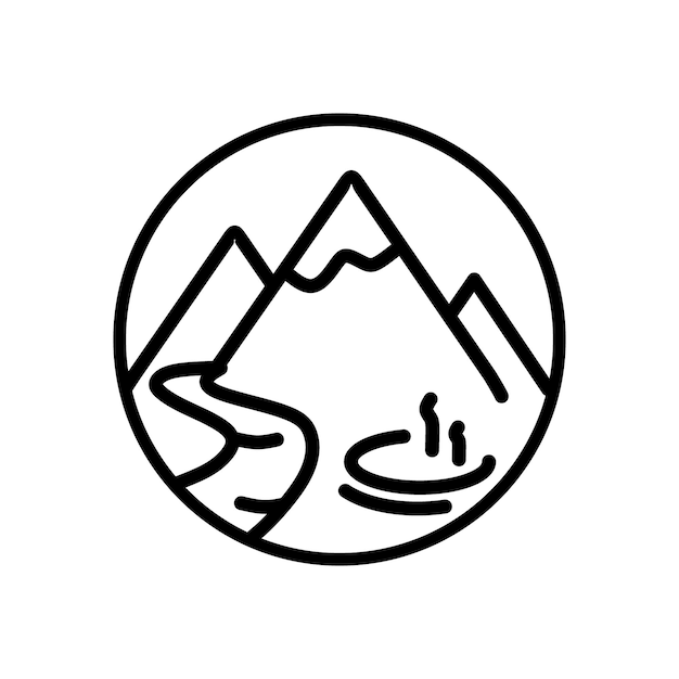 Montañas géiser y un río en un logotipo redondo El concepto de Kamchatka Ilustración vectorial aislada