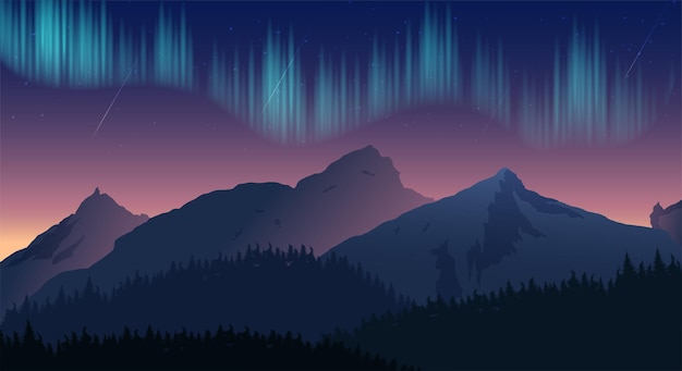 Montañas con ilustración de vector de gradiente de paisaje de aurora