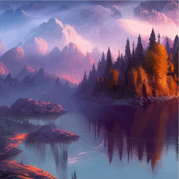Vector montañas y lago paisaje dibujos animados montañas rocosas bosque y río escena naturaleza salvaje verano