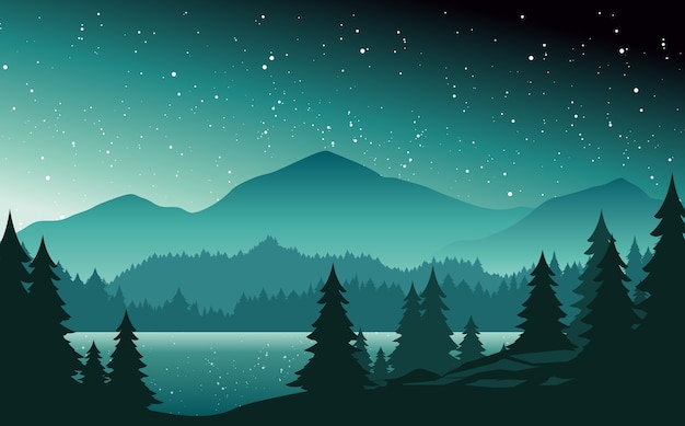 Montañas y lago en el paisaje nocturno.