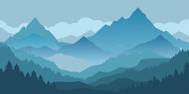 montañas por la mañana con un fondo azul