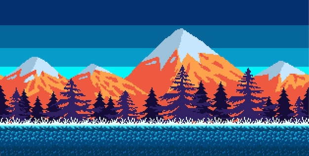Montañas nevadas, abetos y un cielo estrellado Ubicación del juego Pixel art Fondo retro de 8 bits Perfecta