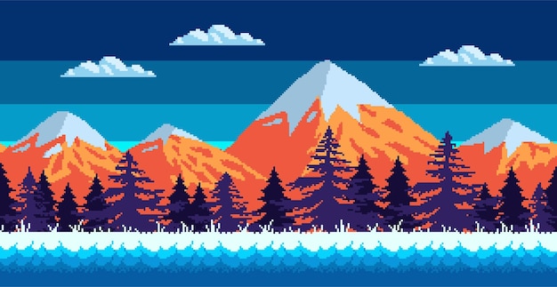 Montañas nevadas, abetos y un cielo estrellado ubicación del juego pixel art fondo retro de 8 bits perfecta