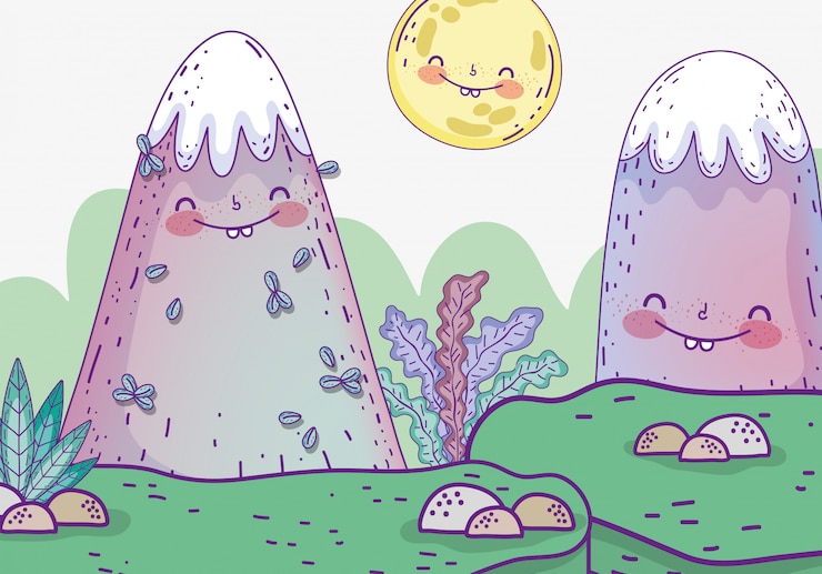 Vector montañas nevadas con hojas de plantas y sol.